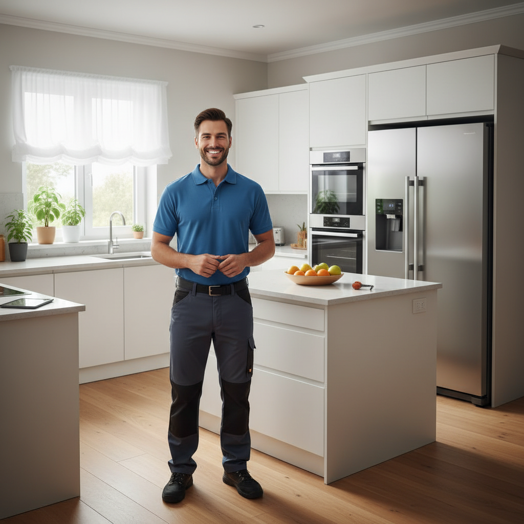 Smiling appliance repair technician standing in a modern kitchen