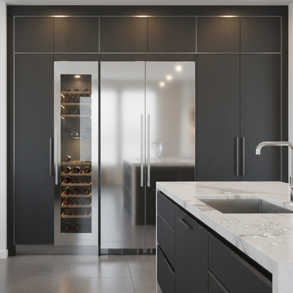 High-end kitchen with built-in refrigerator and wine cooler