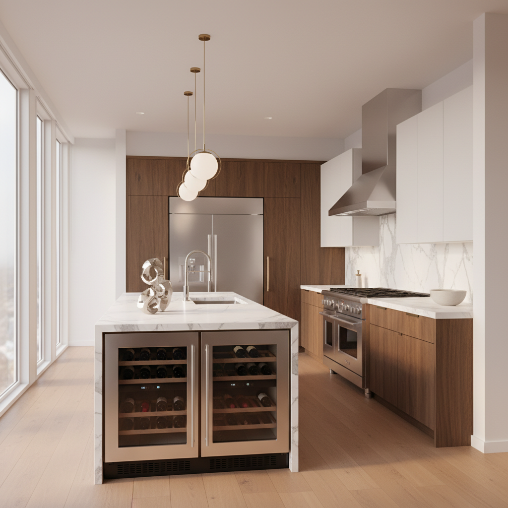 Luxury modern kitchen with stainless steel Maytag-style appliances