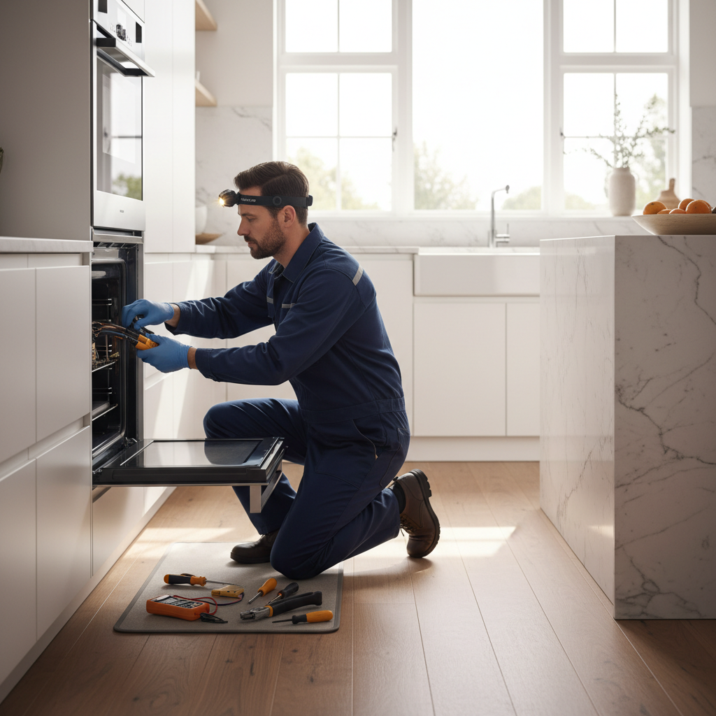 Technician repairing a built-in oven in a bright kitchen